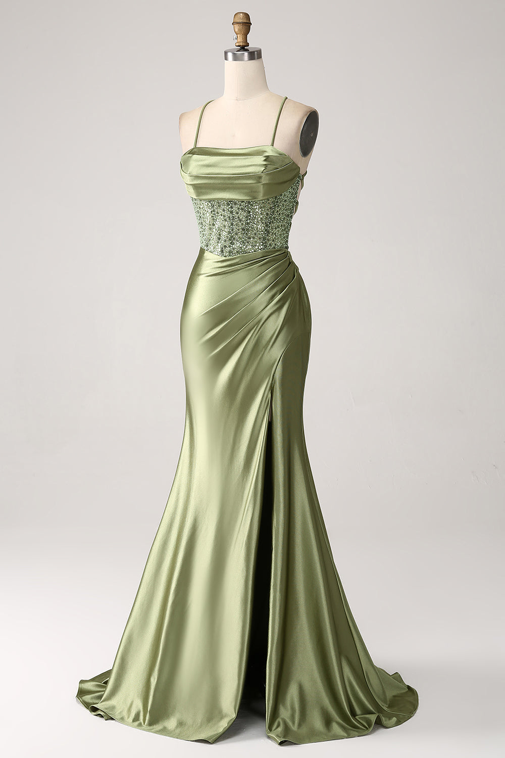 Robe de bal longue sirène verte à col bénitier, sequins et fente