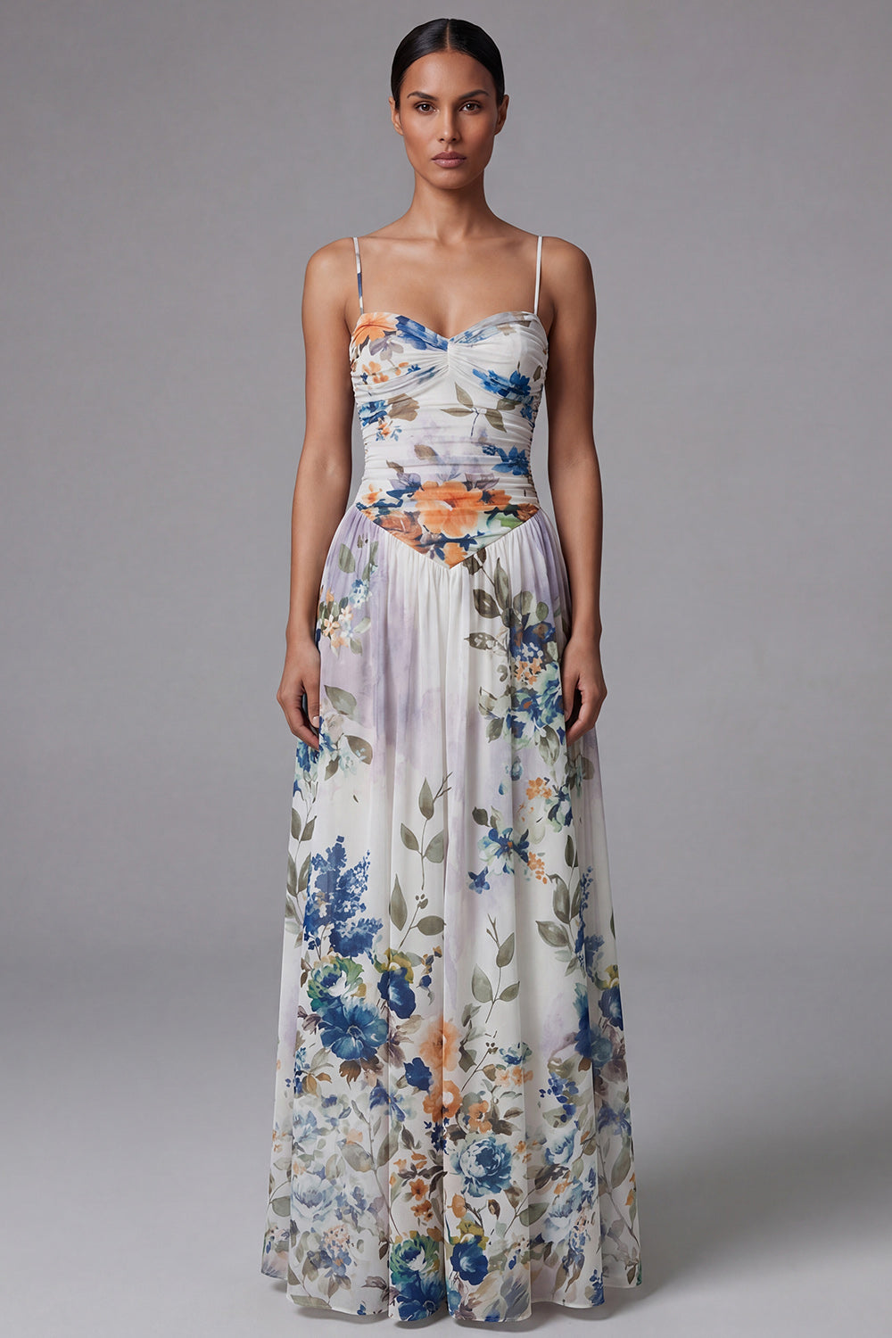 Printed Spaghetti Straps Black A Line Floral Dress