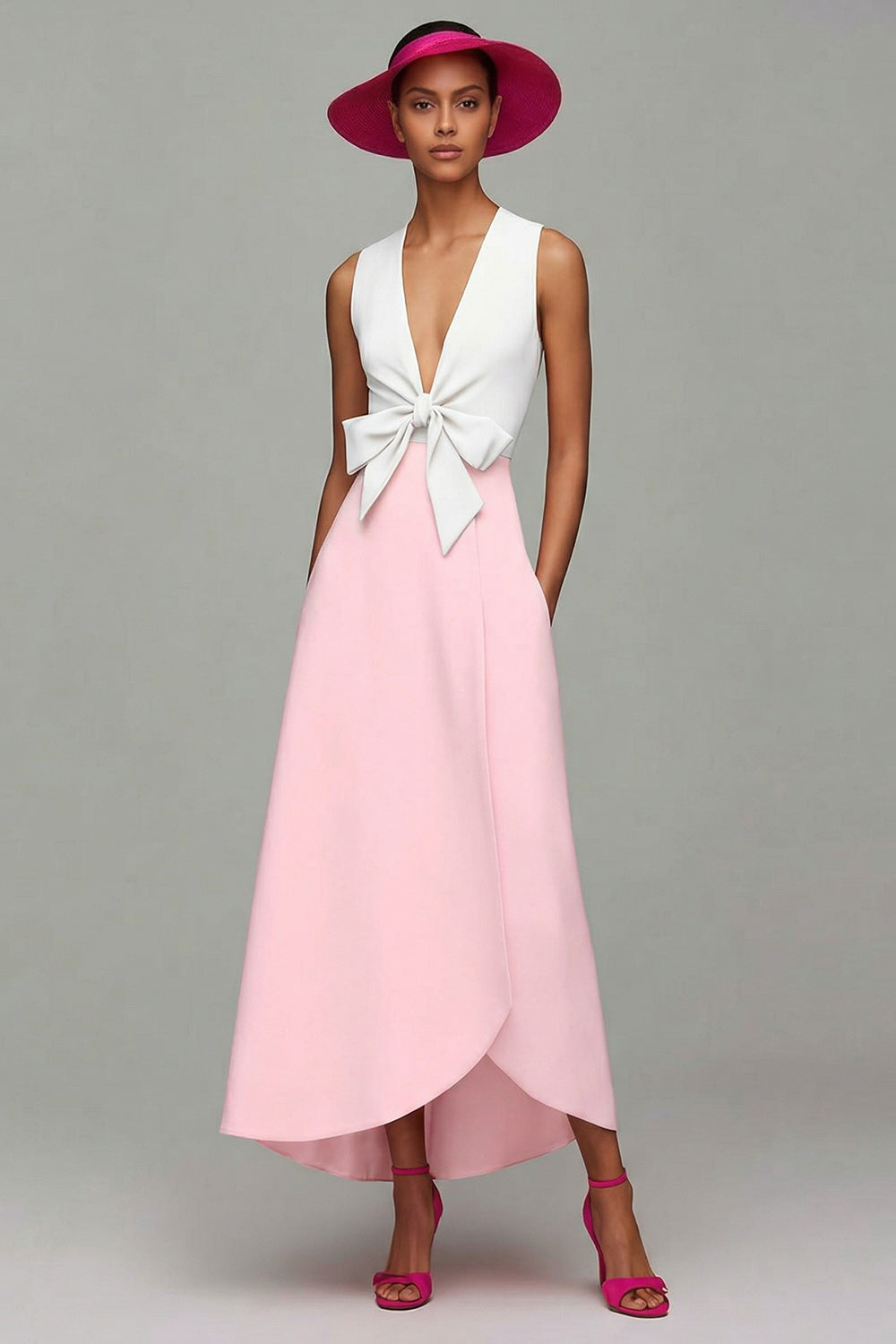Orange And Fuchsia Colorblock V Neck A Line Formal Dress