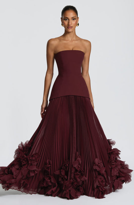 Vestido Sirena Amarillo Pálido con Corsé, Tul Plisado y Flores 3D