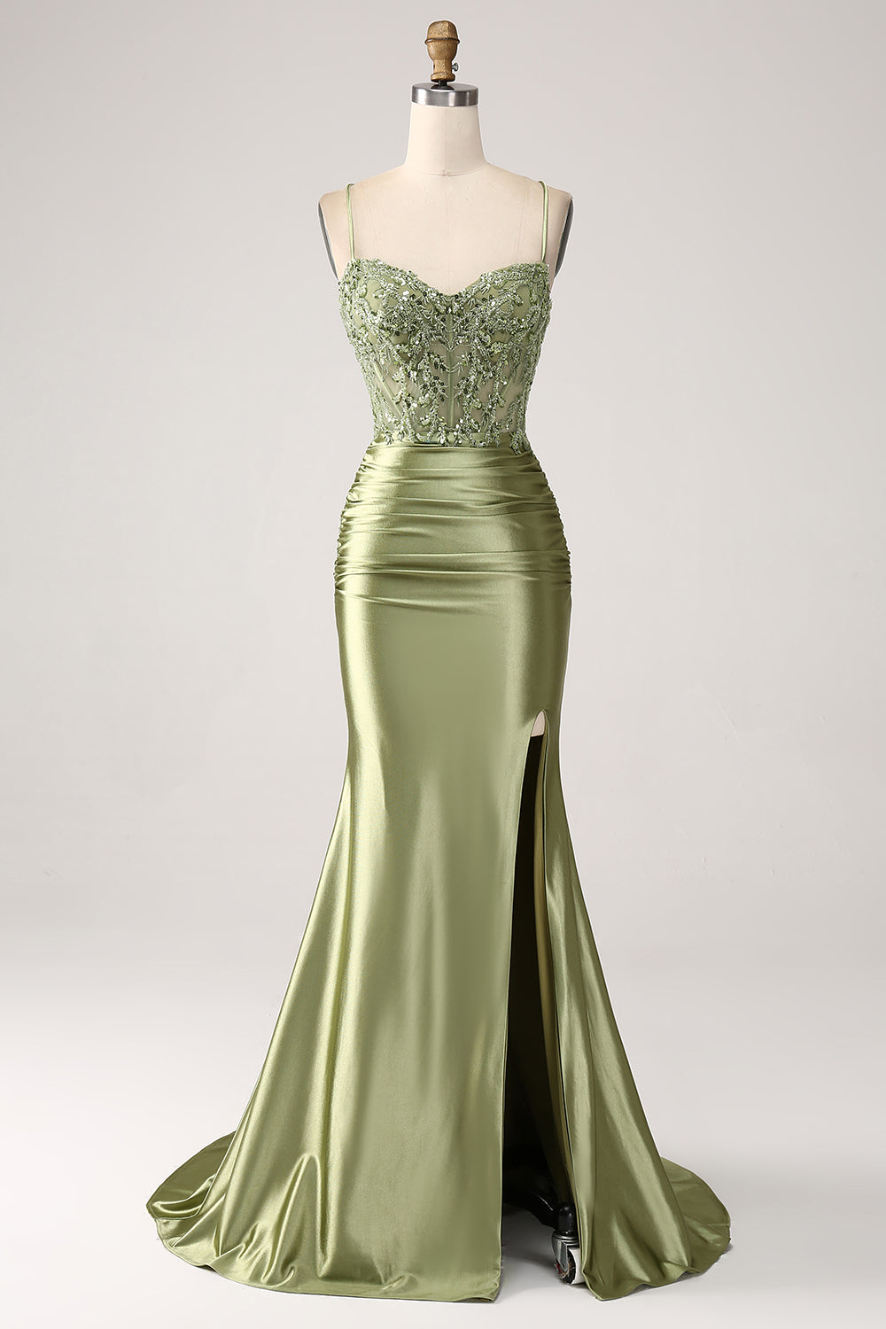 Vestido de Graduación Sirena Verde Salvia con Tirantes Finos, Espalda con Cordones y Abertura