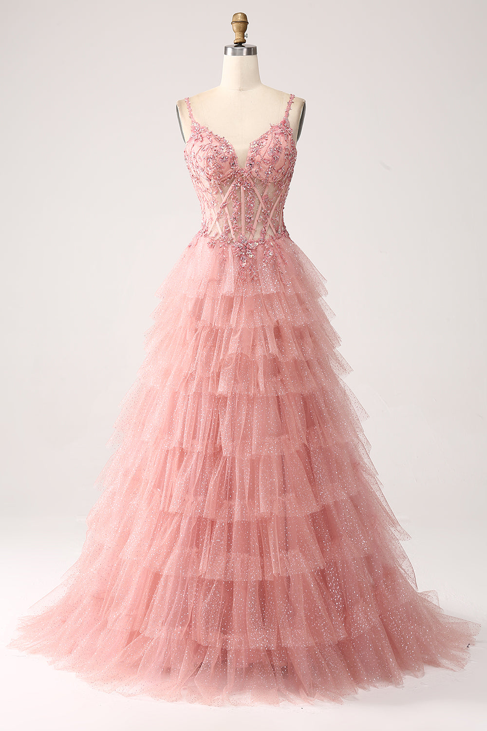 Robe de bal longue en tulle à corset étagé, avec bretelles fines et coupe trapèze, couleur blush