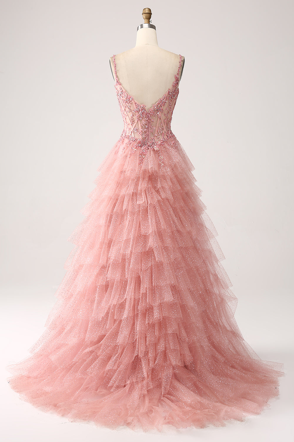 Robe de bal longue en tulle à corset étagé, avec bretelles fines et coupe trapèze, couleur blush