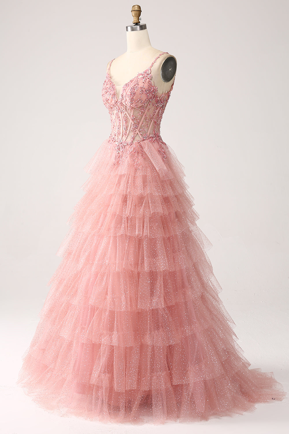 Robe de bal longue en tulle à corset étagé, avec bretelles fines et coupe trapèze, couleur blush