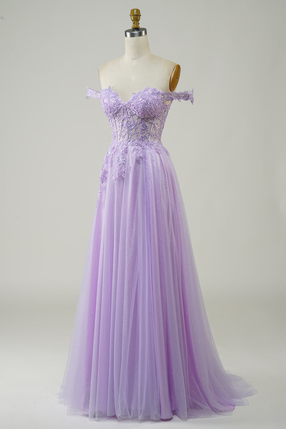 Robe de bal longue en tulle violette coupe trapèze, corset et dentelle