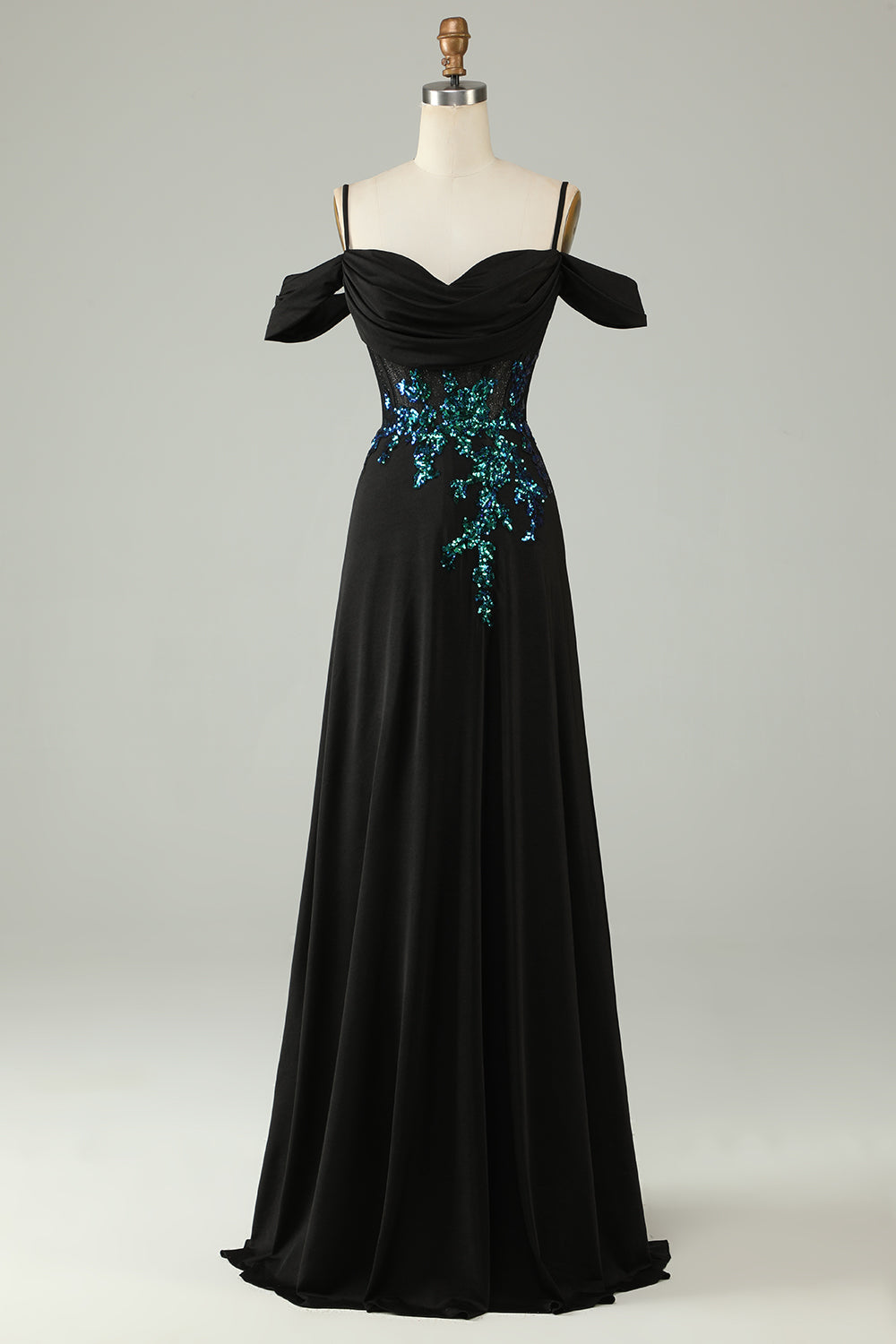 Robe de bal longue en corset à paillettes noires et épaules dénudées