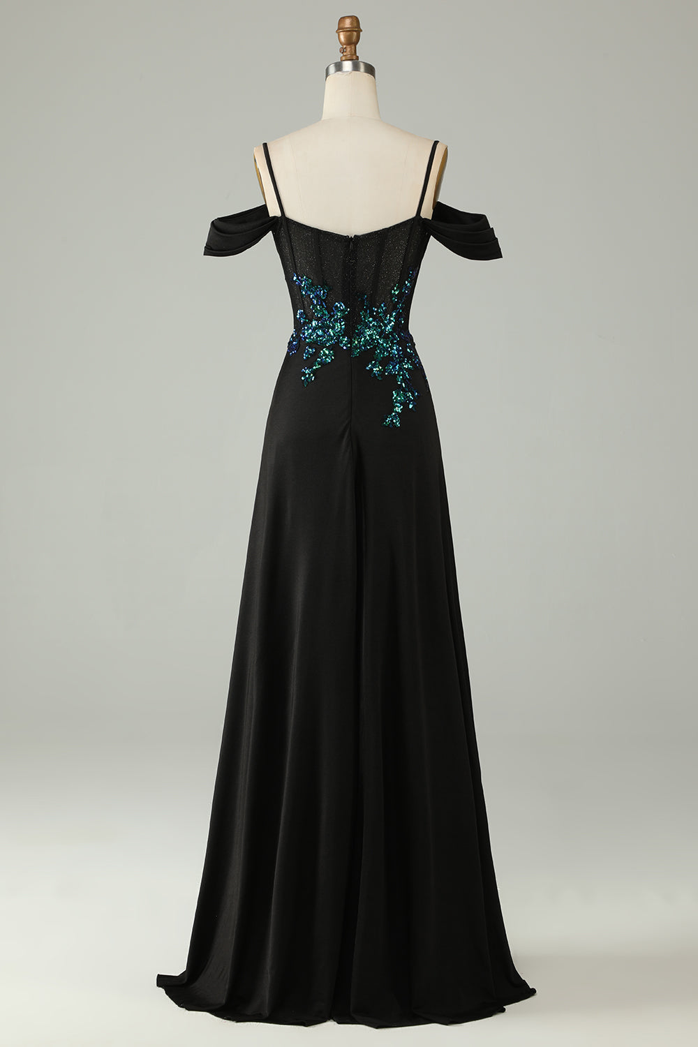 Robe de bal longue en corset à paillettes noires et épaules dénudées