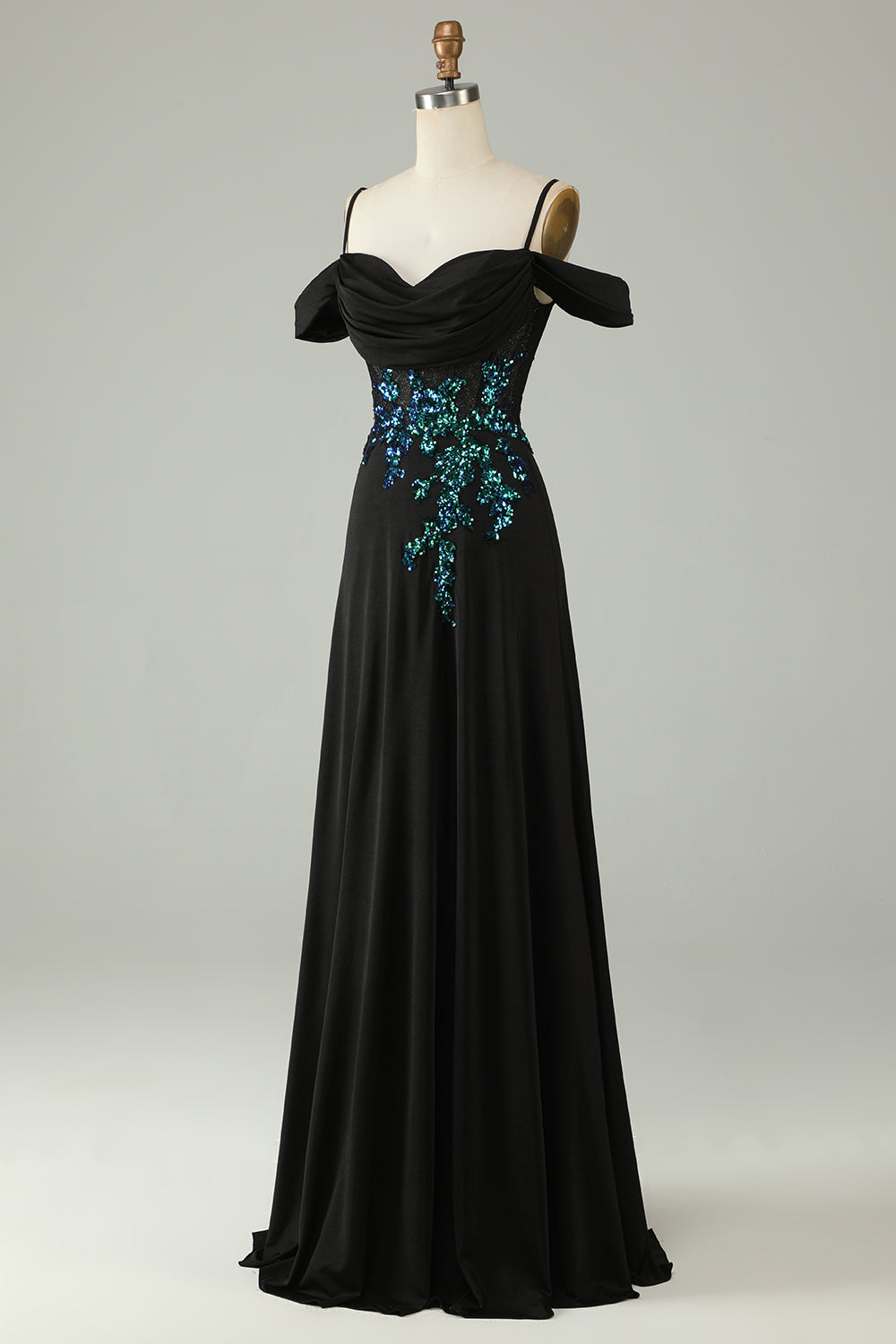 Robe de bal longue en corset à paillettes noires et épaules dénudées