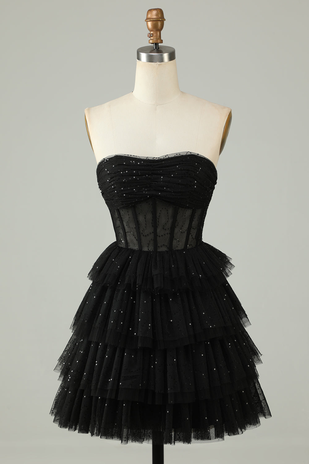 Robe de bal de fin d'année corset bustier sans dos en ligne A noire
