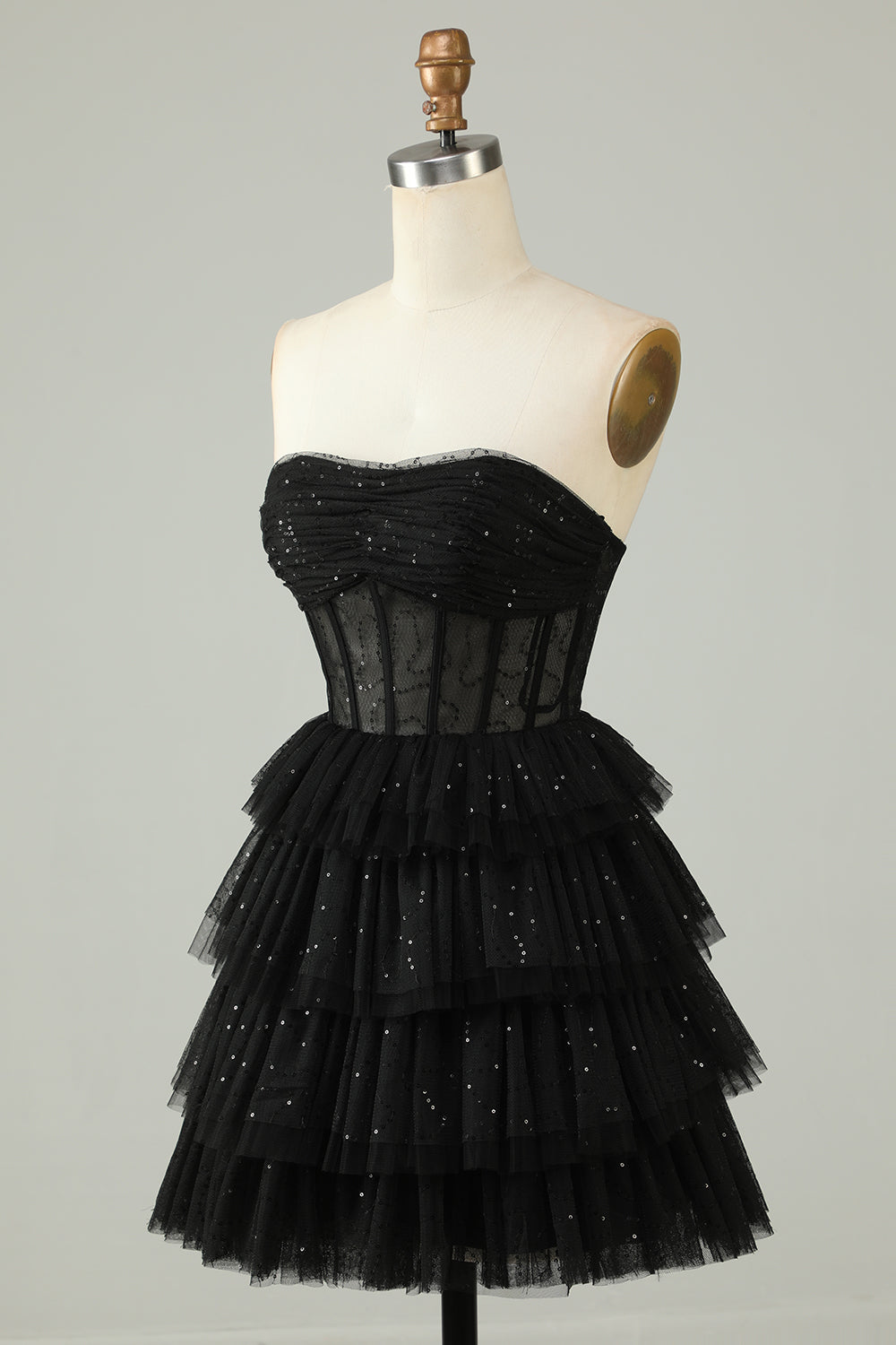 Robe de bal de fin d'année corset bustier sans dos en ligne A noire