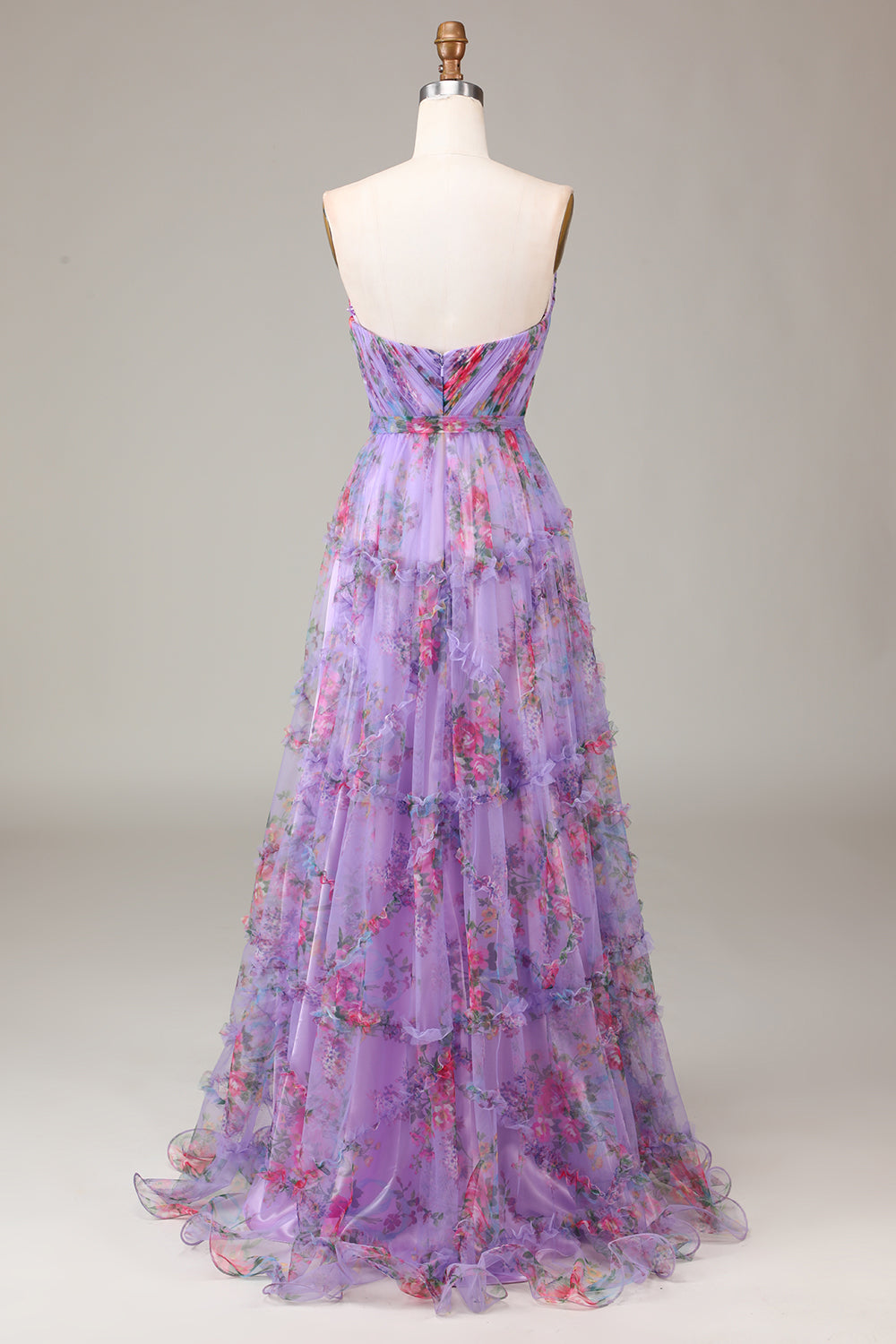 Robe de bal trapèze en mousseline florale violette Sweetheart avec volants