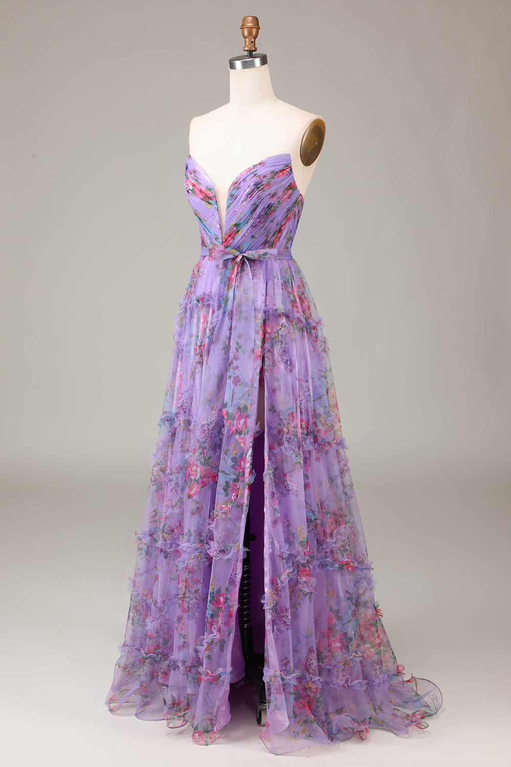 Robe de bal trapèze en mousseline florale violette Sweetheart avec volants