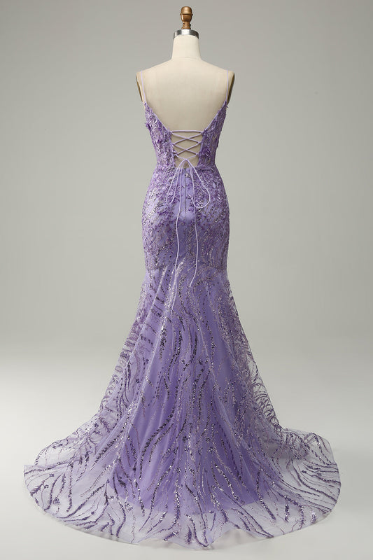 Mermaid Spaghetti Straps Purple Prom Dress with Beading