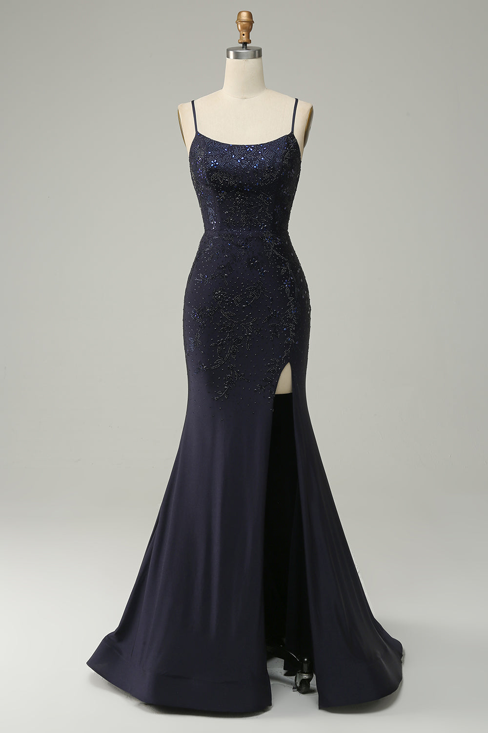 Navy Blue Strapless Sweetheart Beaded Slit Prom Dress