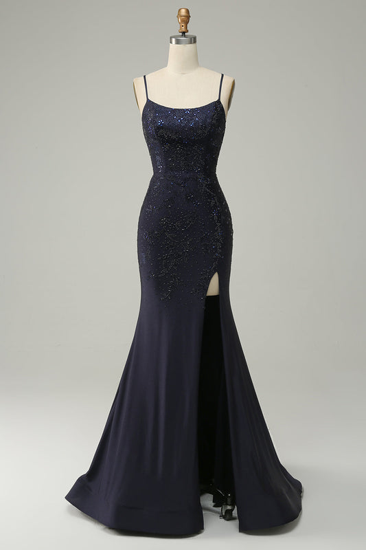 Navy Blue Strapless Sweetheart Beaded Slit Prom Dress