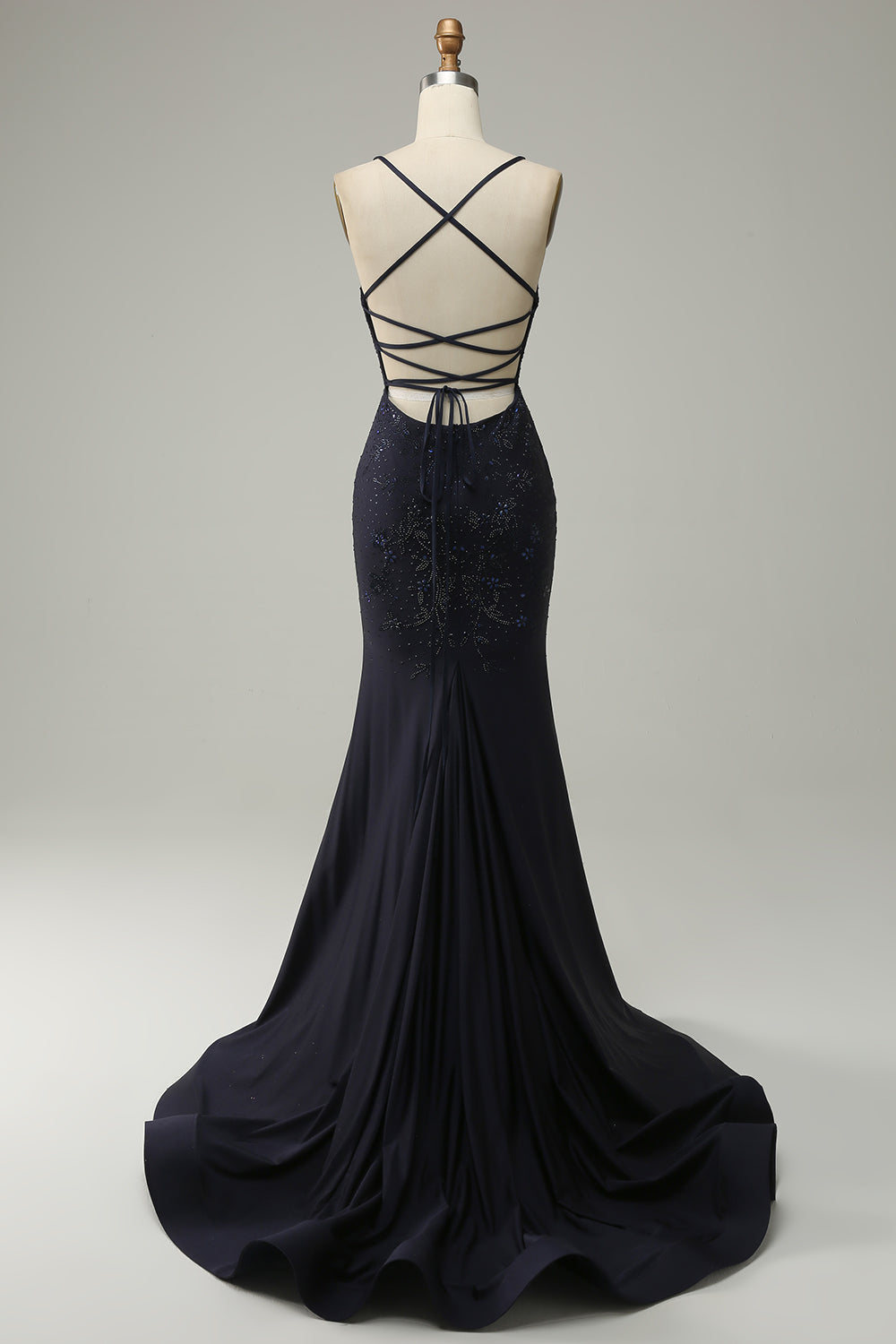 Navy Blue Strapless Sweetheart Beaded Slit Prom Dress