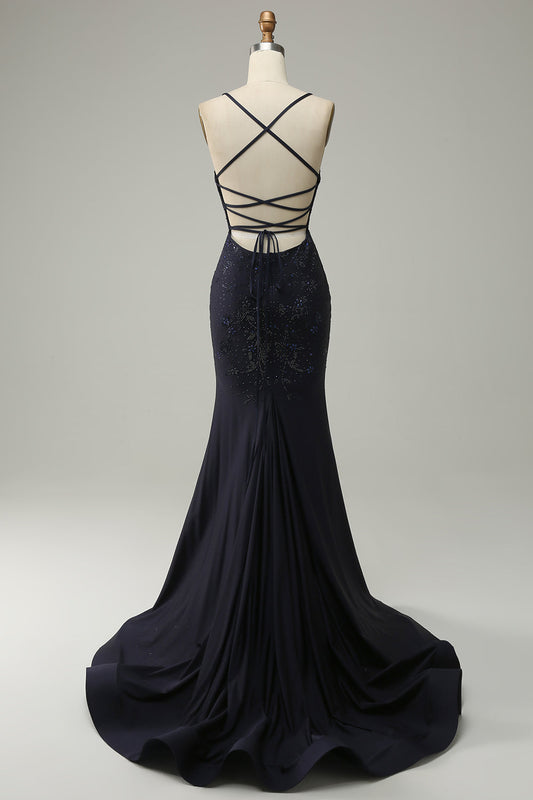 Navy Blue Strapless Sweetheart Beaded Slit Prom Dress