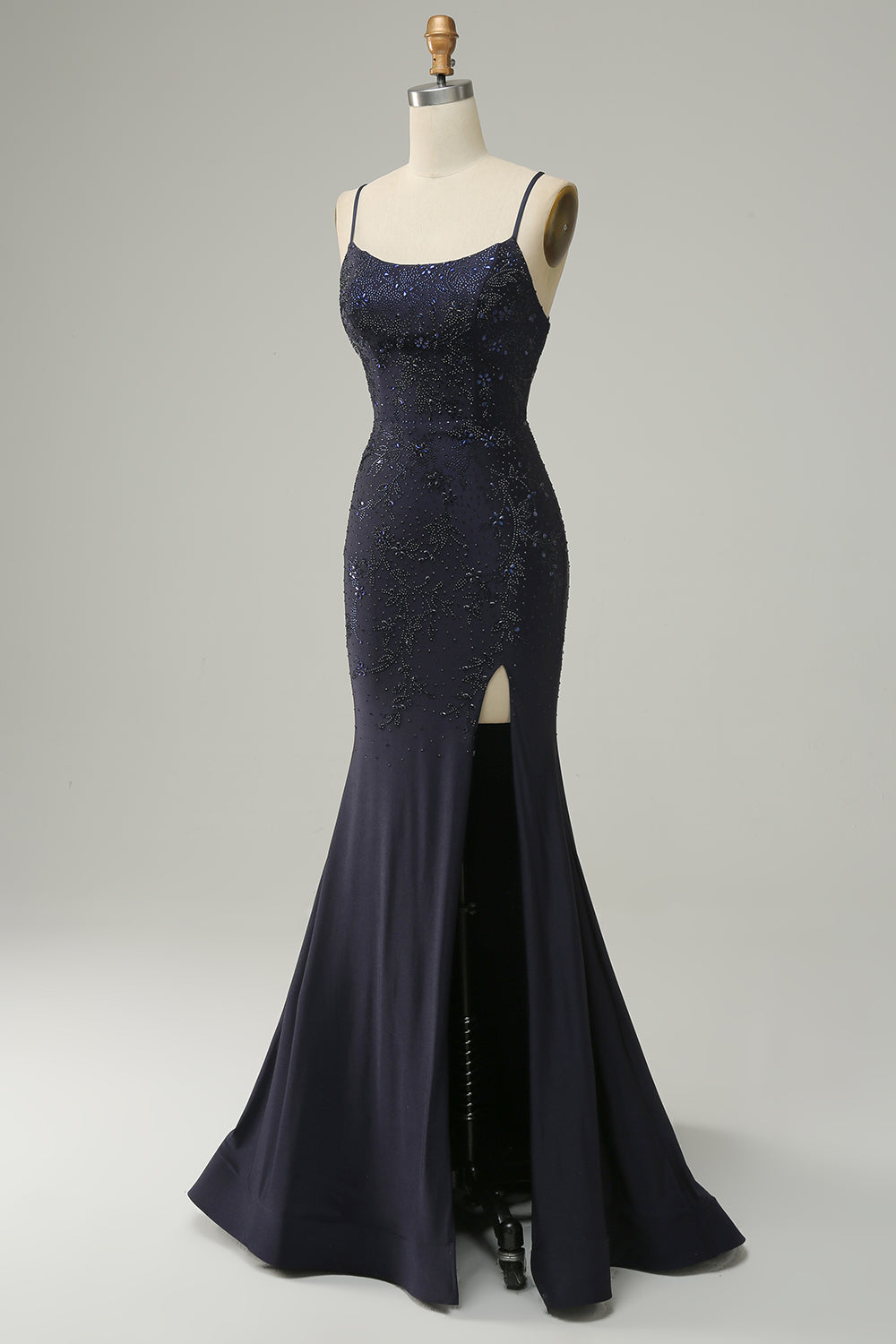 Navy Blue Strapless Sweetheart Beaded Slit Prom Dress