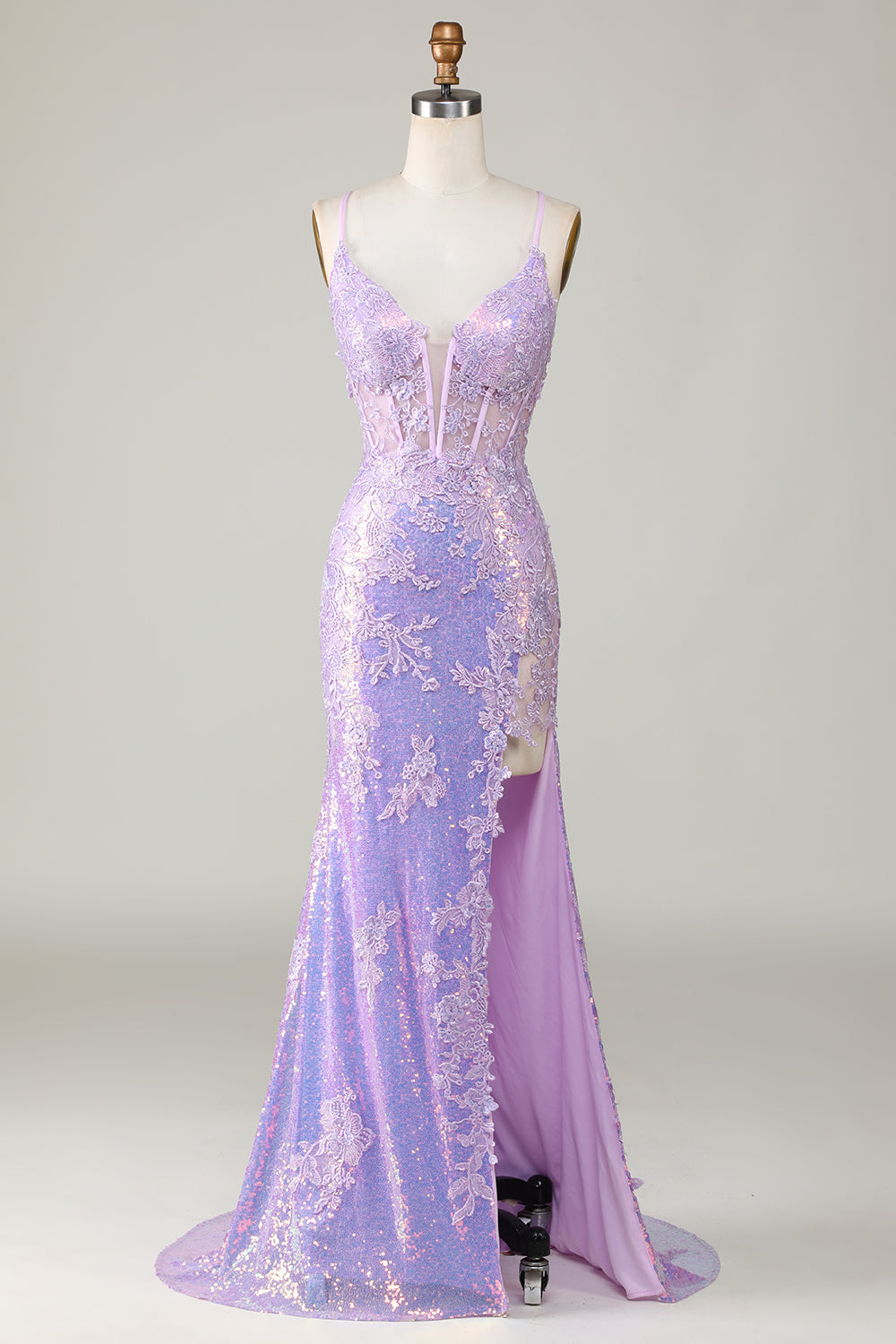 Robe de bal bustier violette à bretelles spaghetti fendue avec détails sirène scintillants