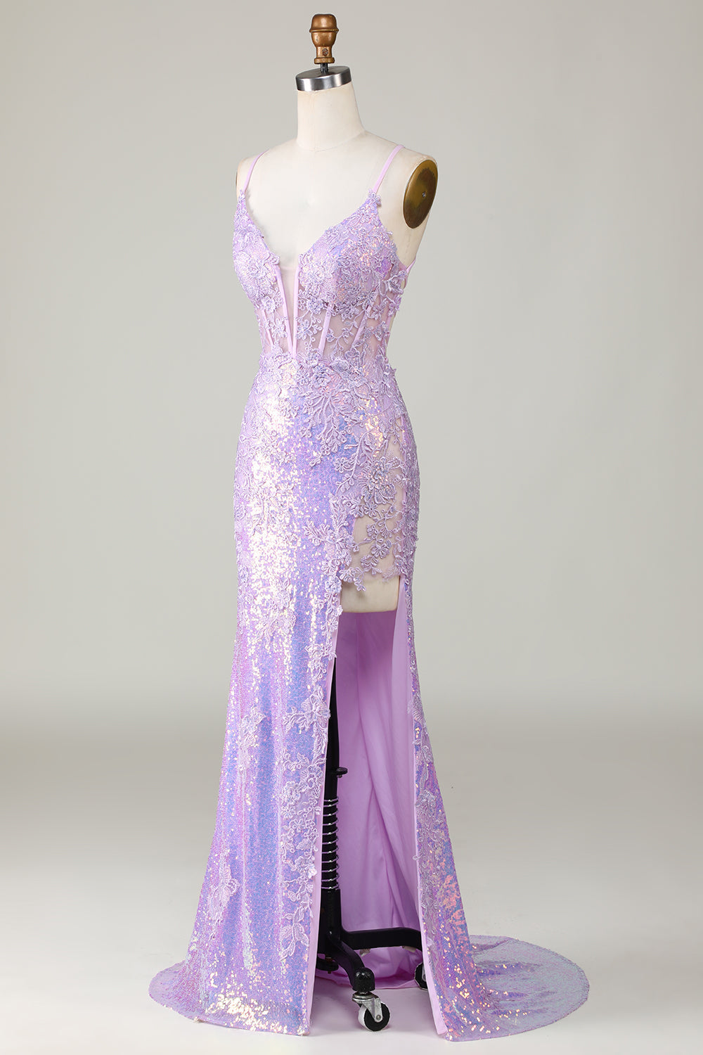 Robe de bal bustier violette à bretelles spaghetti fendue avec détails sirène scintillants