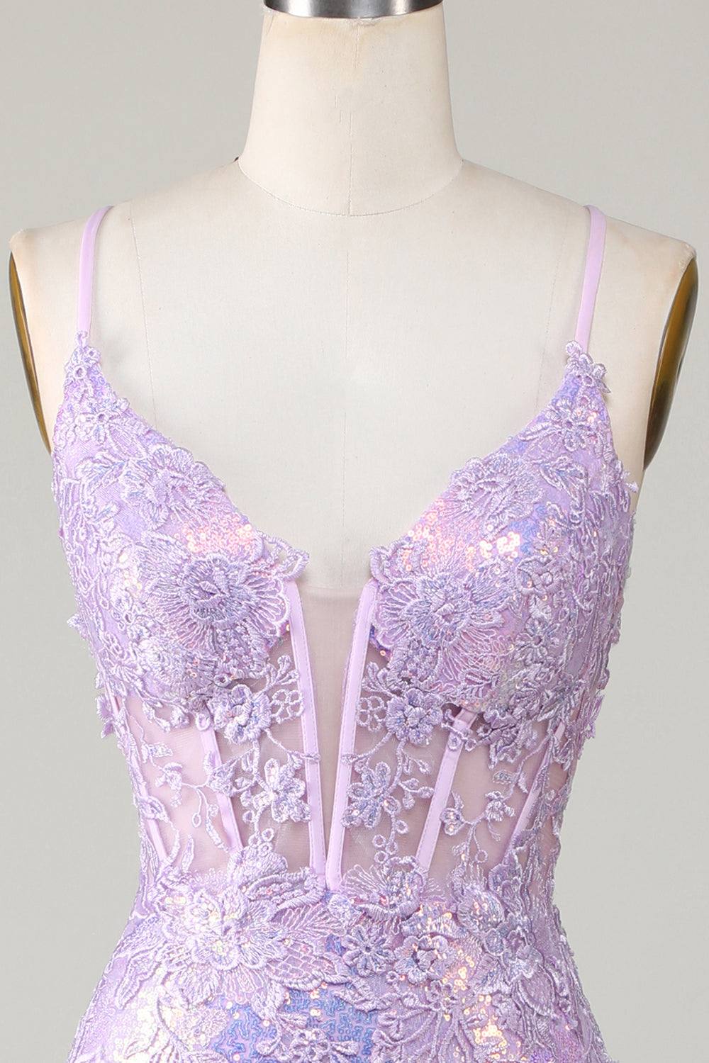 Robe de bal bustier violette à bretelles spaghetti fendue avec détails sirène scintillants
