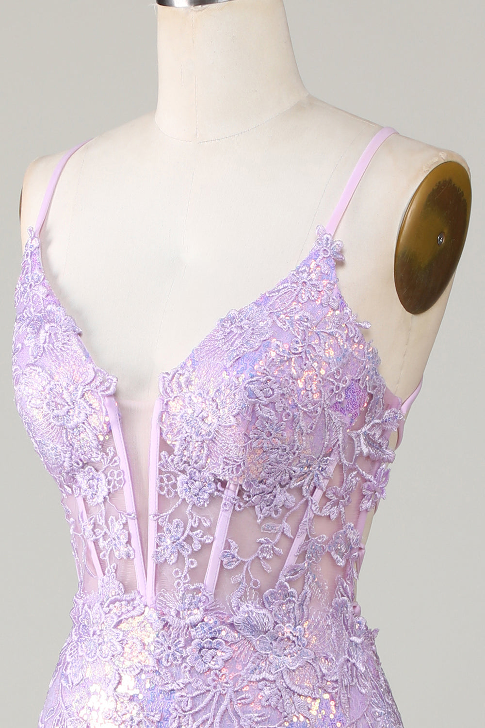 Robe de bal bustier violette à bretelles spaghetti fendue avec détails sirène scintillants