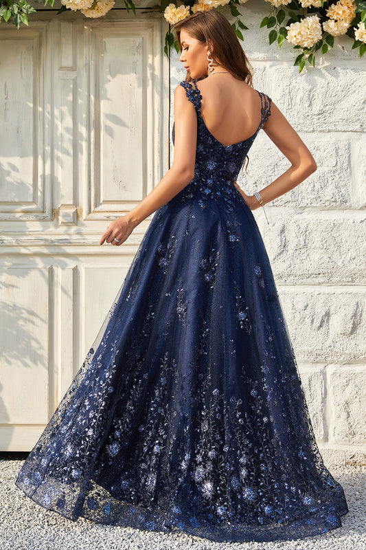 Robe de bal longue bleu marine coupe trapèze à épaules dénudées