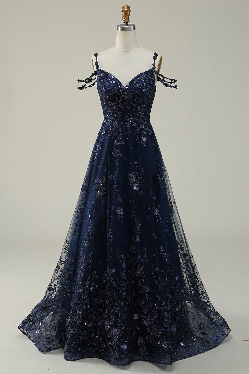 Robe de bal longue bleu marine à épaules dénudées avec appliqués