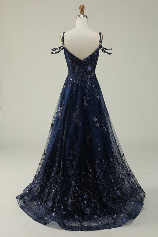 Robe de bal longue bleu marine à épaules dénudées avec appliqués