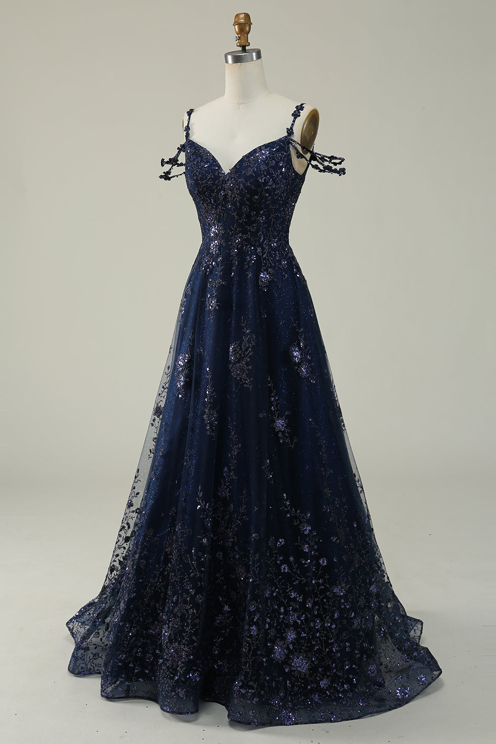 Robe de bal longue bleu marine coupe trapèze à épaules dénudées
