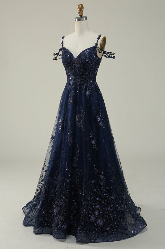 Robe de bal longue bleu marine à épaules dénudées avec appliqués