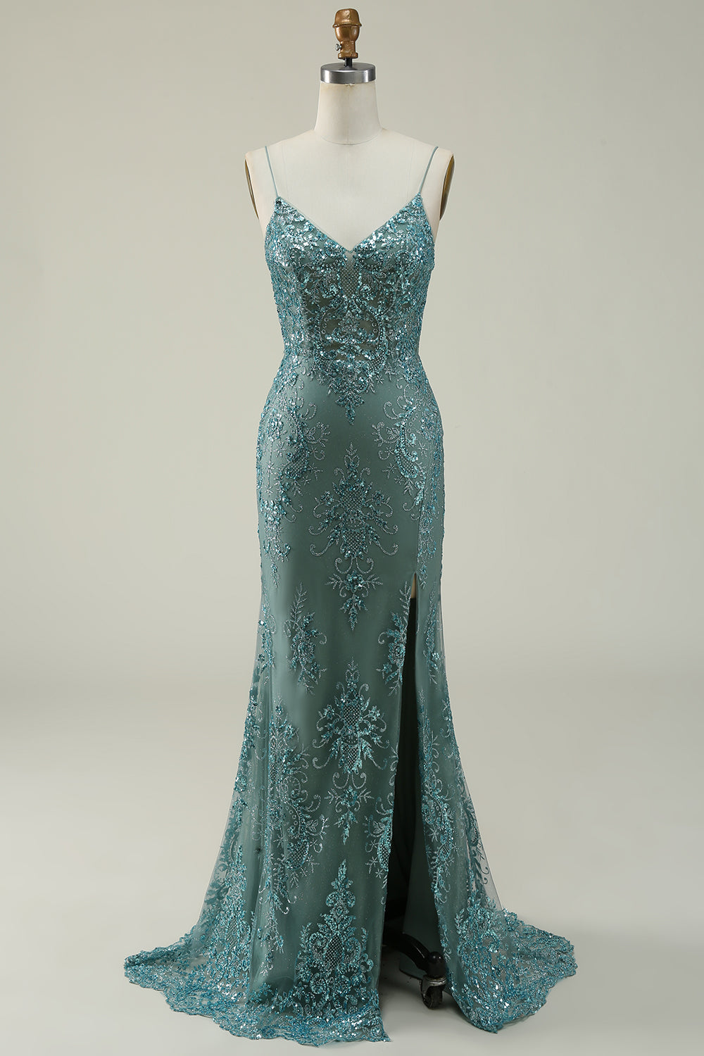 Robe de bal longue verte sirène à fines bretelles avec fente sur le devant