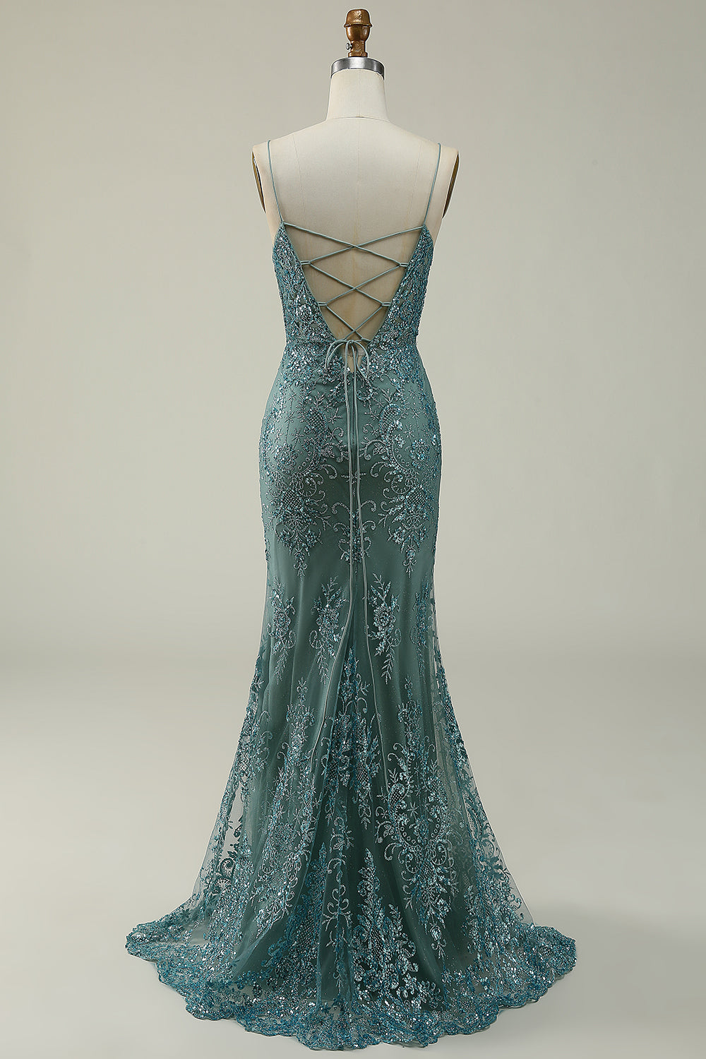Robe de bal longue verte sirène à fines bretelles avec fente sur le devant