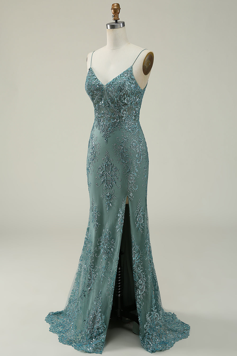 Robe de bal longue verte sirène à fines bretelles avec fente sur le devant