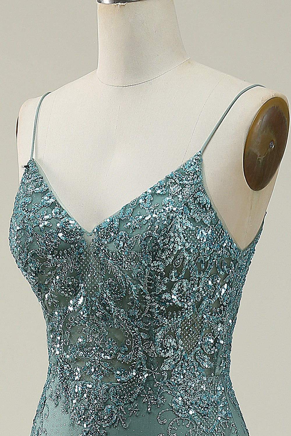 Robe de bal longue verte sirène à fines bretelles avec fente sur le devant