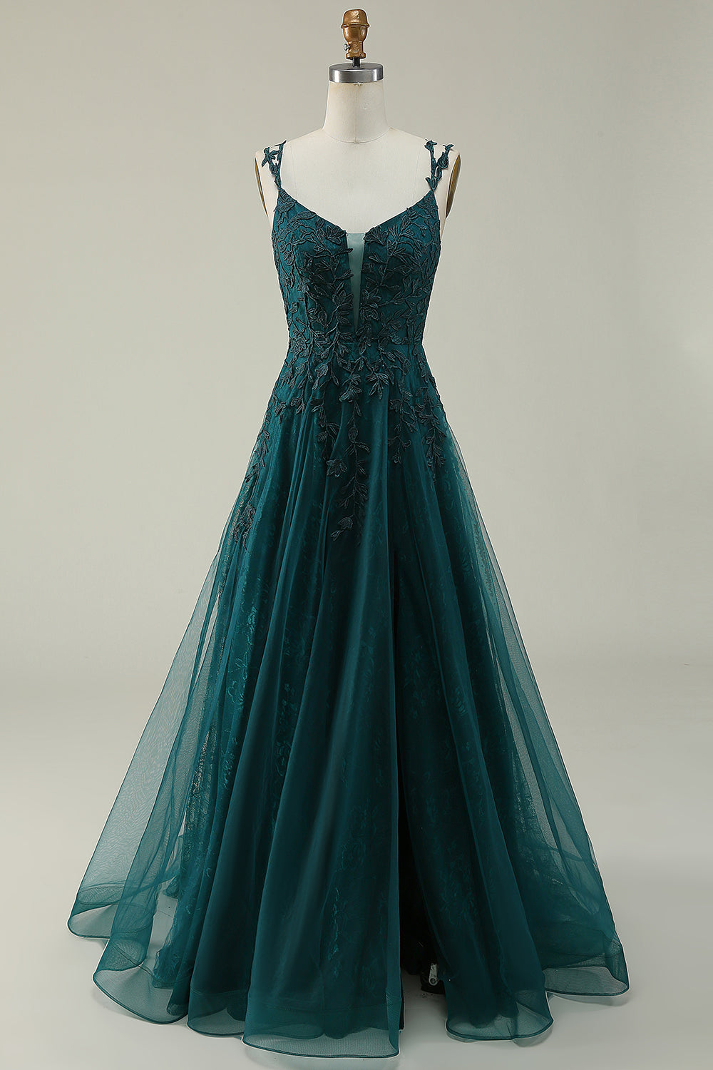 Robe de bal longue rouge à bretelles spaghetti ligne A avec appliques