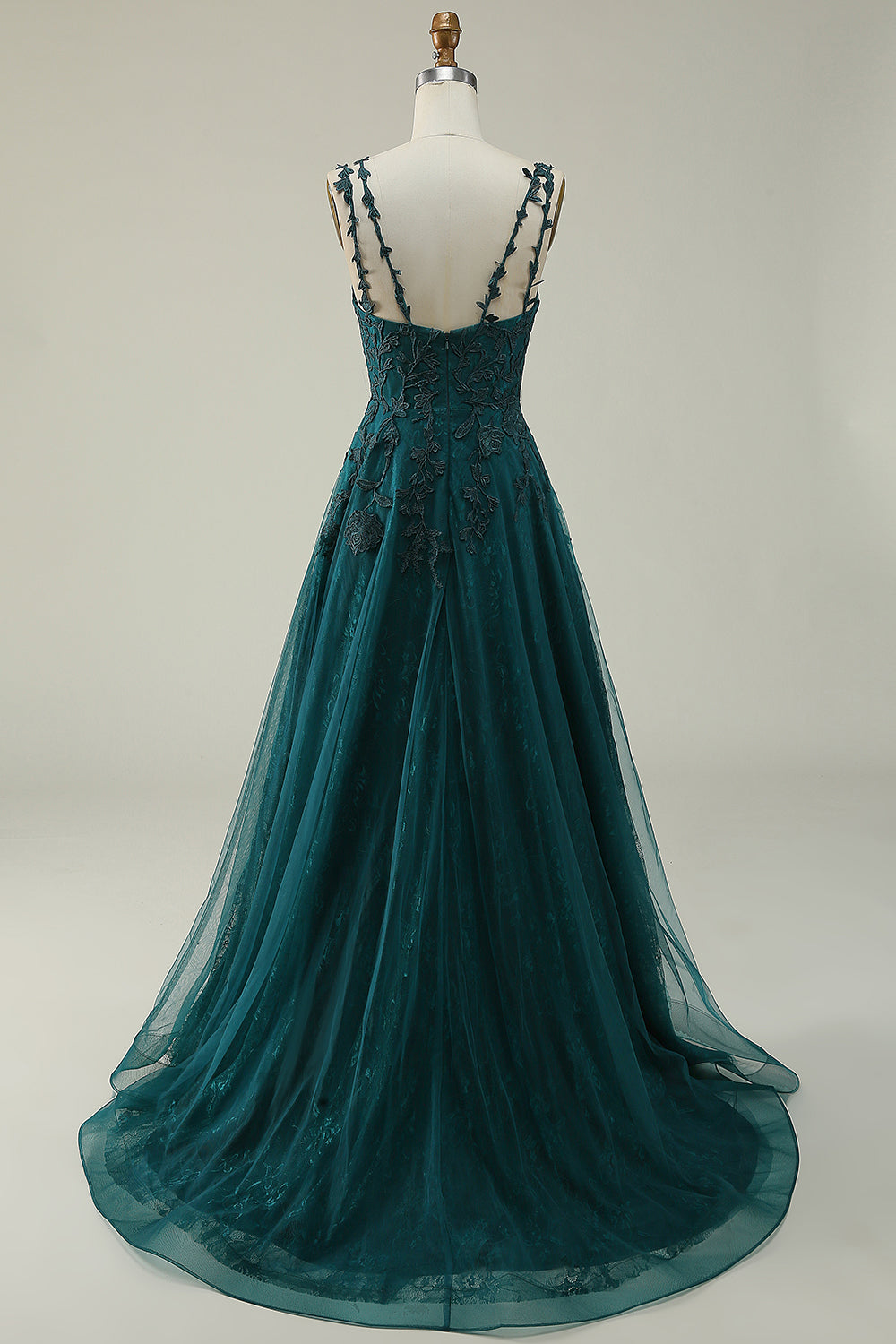 Robe de bal longue rouge à bretelles spaghetti ligne A avec appliques