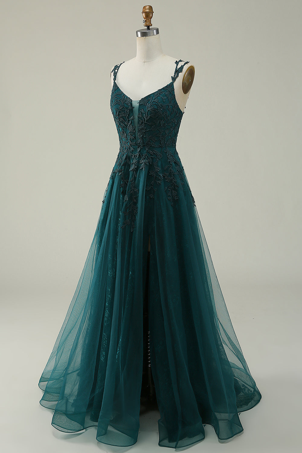 Robe de bal longue rouge à bretelles spaghetti ligne A avec appliques