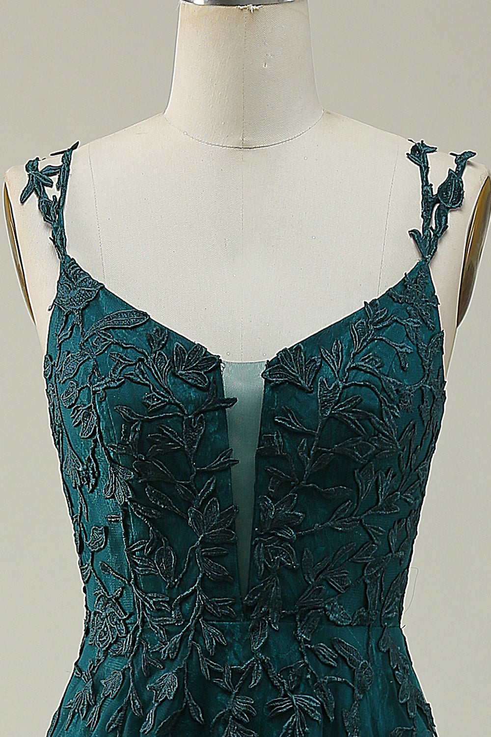 Robe de bal longue rouge à bretelles spaghetti ligne A avec appliques