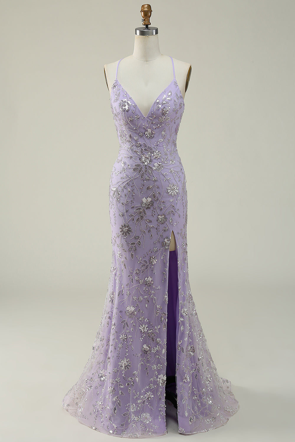 Robe de bal longue sirène violette à fines bretelles et perles
