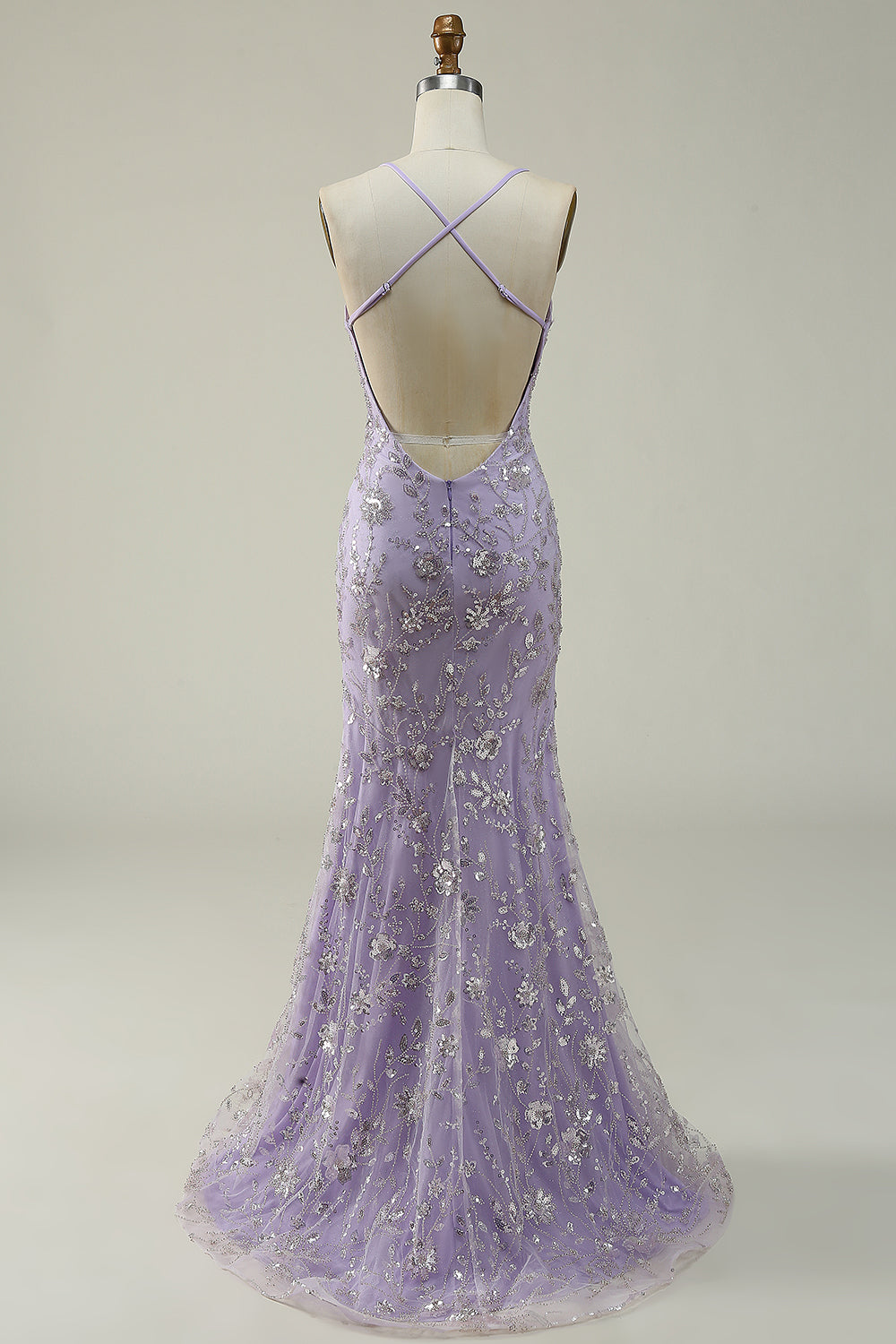 Robe de bal longue sirène violette à fines bretelles et perles