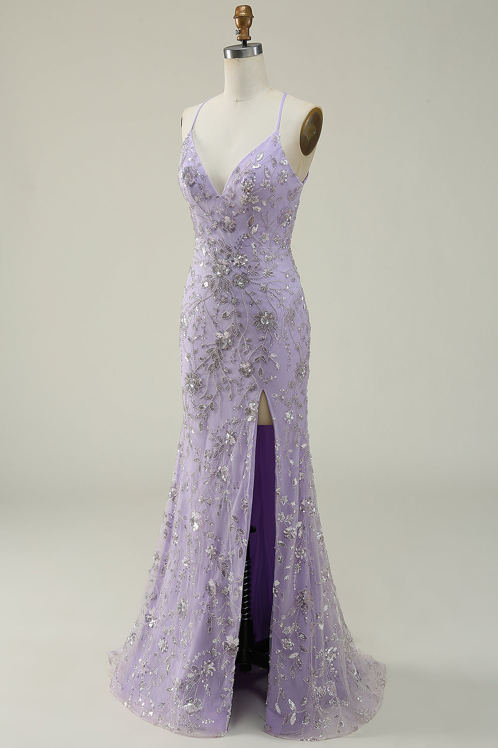 Robe de bal longue sirène violette à fines bretelles et perles