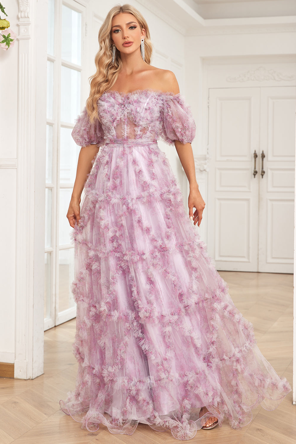 Charming A-Line Off-the-Shoulder Purple Long Prom Dress with Print