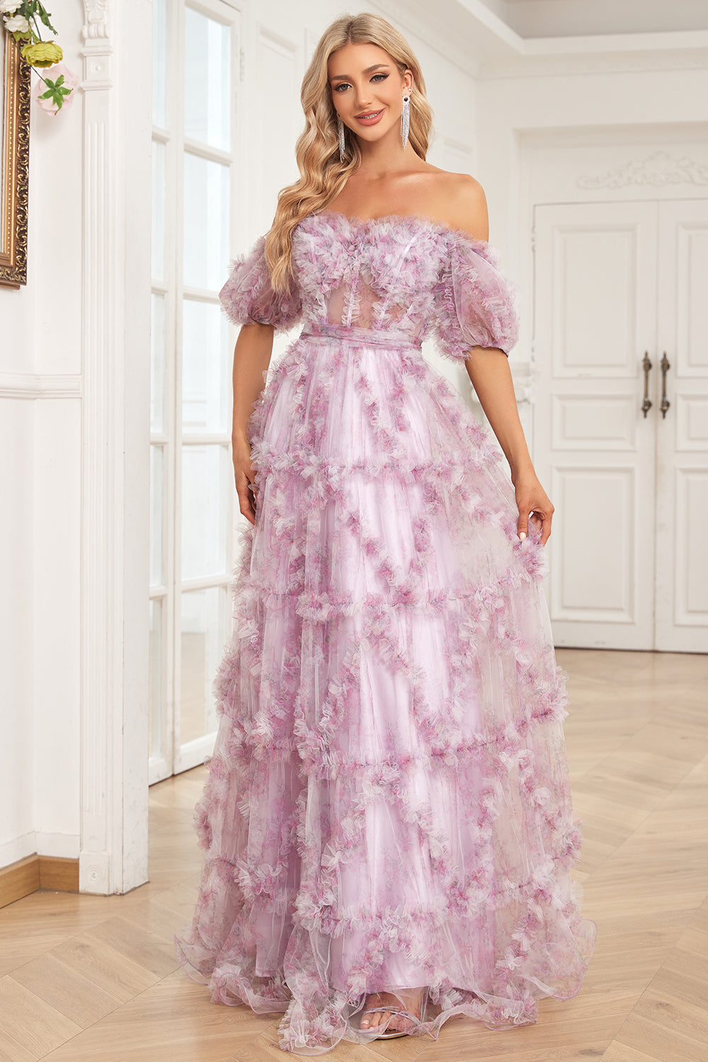 Charming A-Line Off-the-Shoulder Purple Long Prom Dress with Print