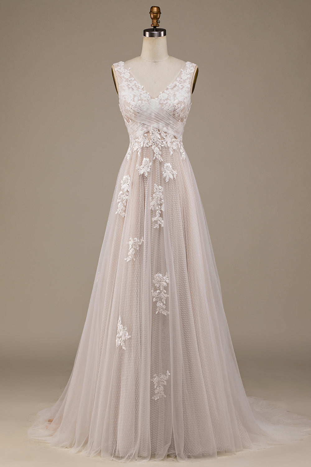 Robe de mariée traîne brosse en tulle abricot avec dentelle