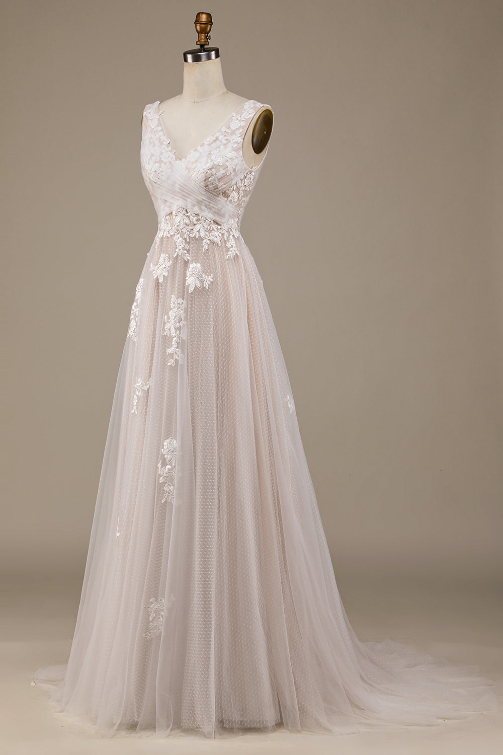 Robe de mariée traîne brosse en tulle abricot avec dentelle