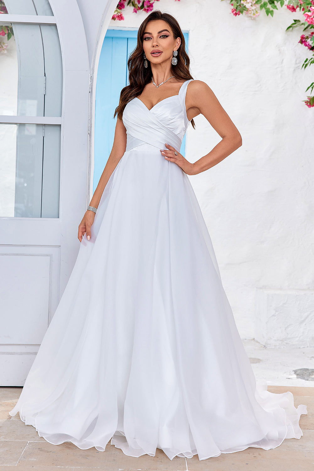 Simple Ivory Organza Scoop Neck Sweep Train A-Line Wedding Dress