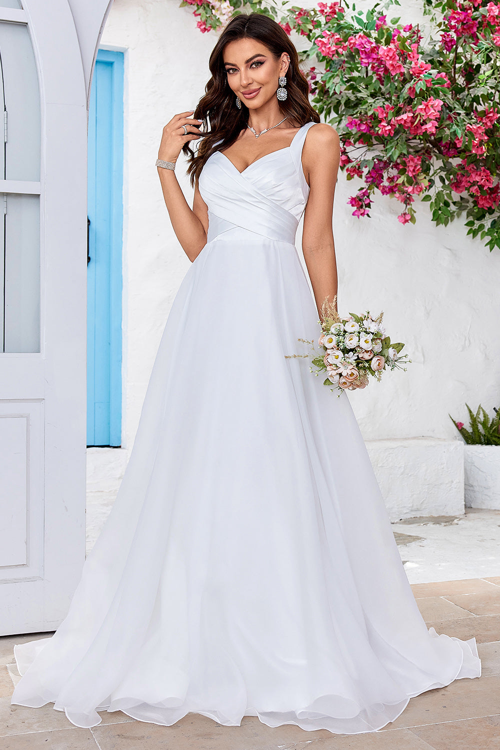 Simple Ivory Organza Scoop Neck Sweep Train A-Line Wedding Dress