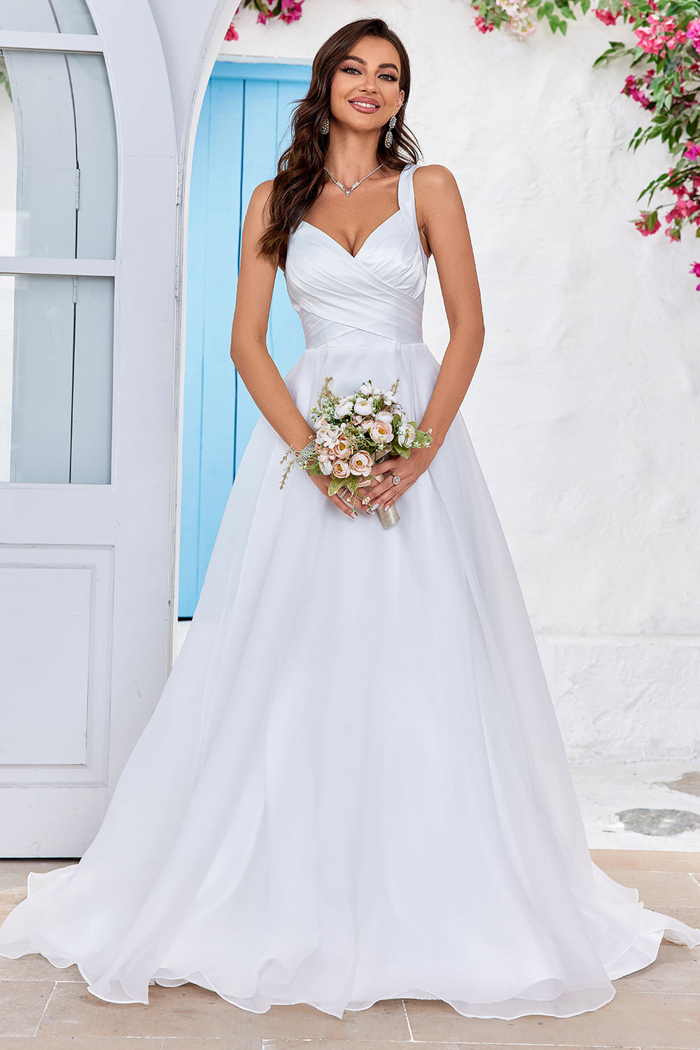 Simple Ivory Organza Scoop Neck Sweep Train A-Line Wedding Dress
