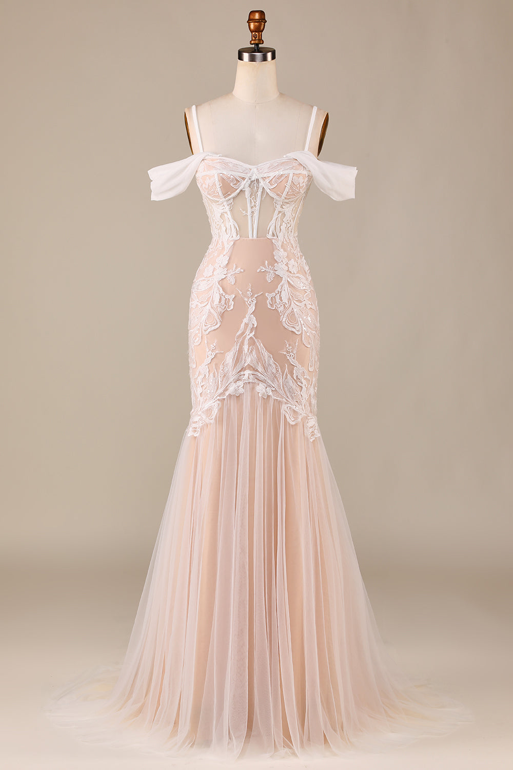 Robe de mariée longue sirène champagne avec dentelle